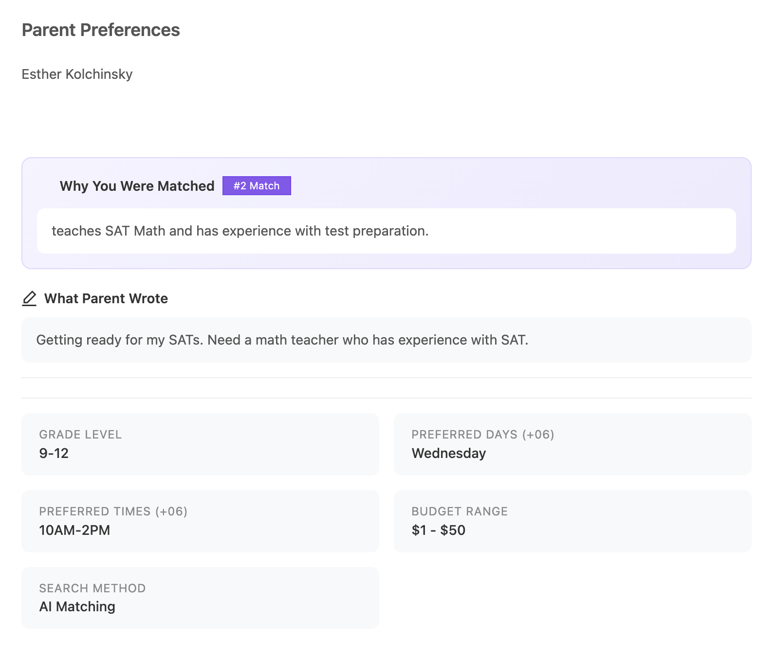 Parent Preferences popup showing match details