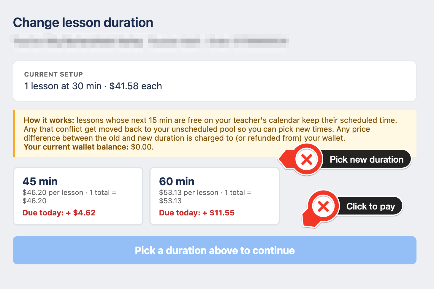 Change lesson duration screen with two options — 45 min and 60 min — showing per-lesson rate, total, and 'Due today' price difference
