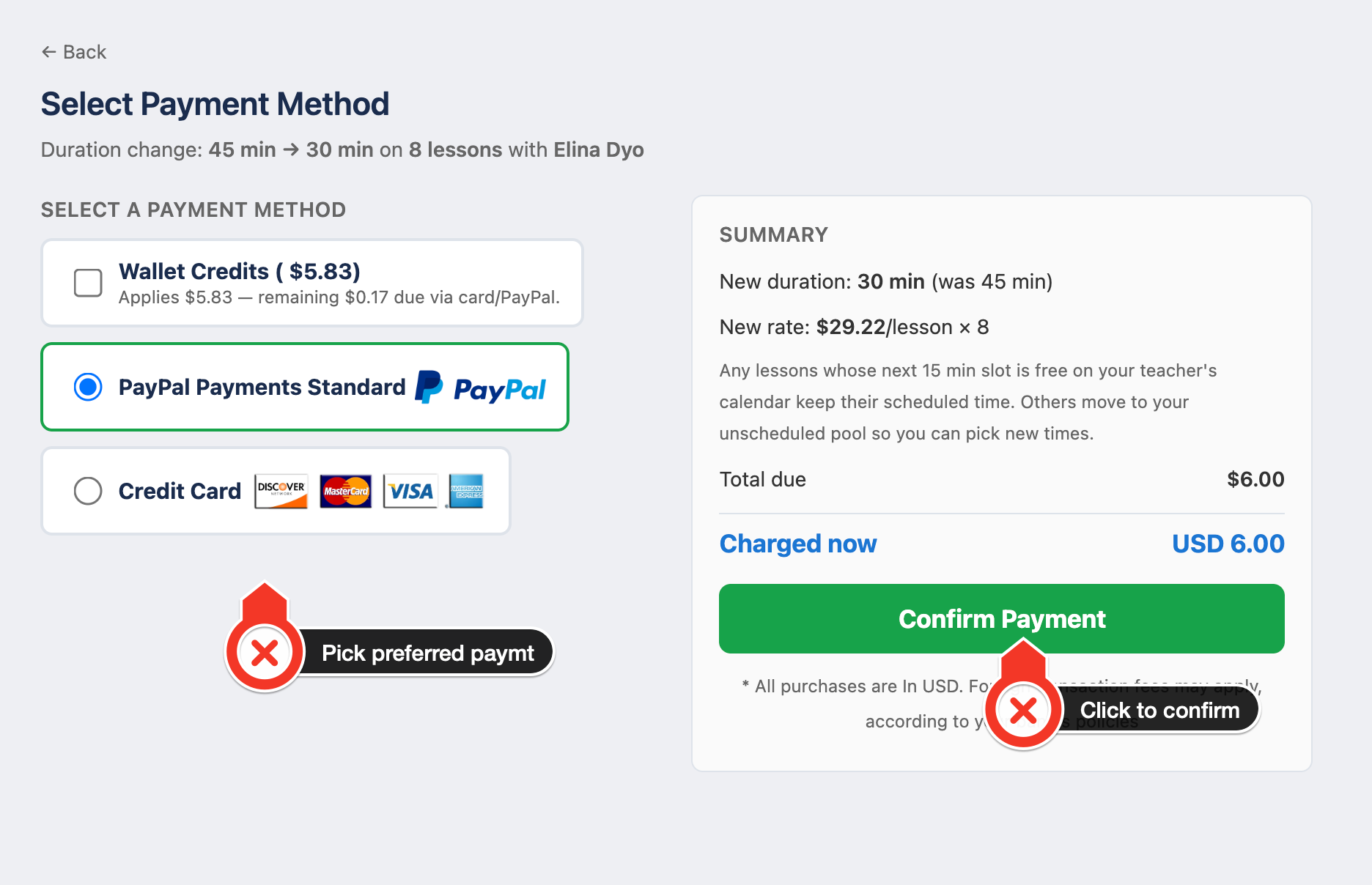 Select Payment Method screen with wallet checkbox, PayPal radio, and Credit Card radio, plus a summary panel showing 'Total due $6.00'